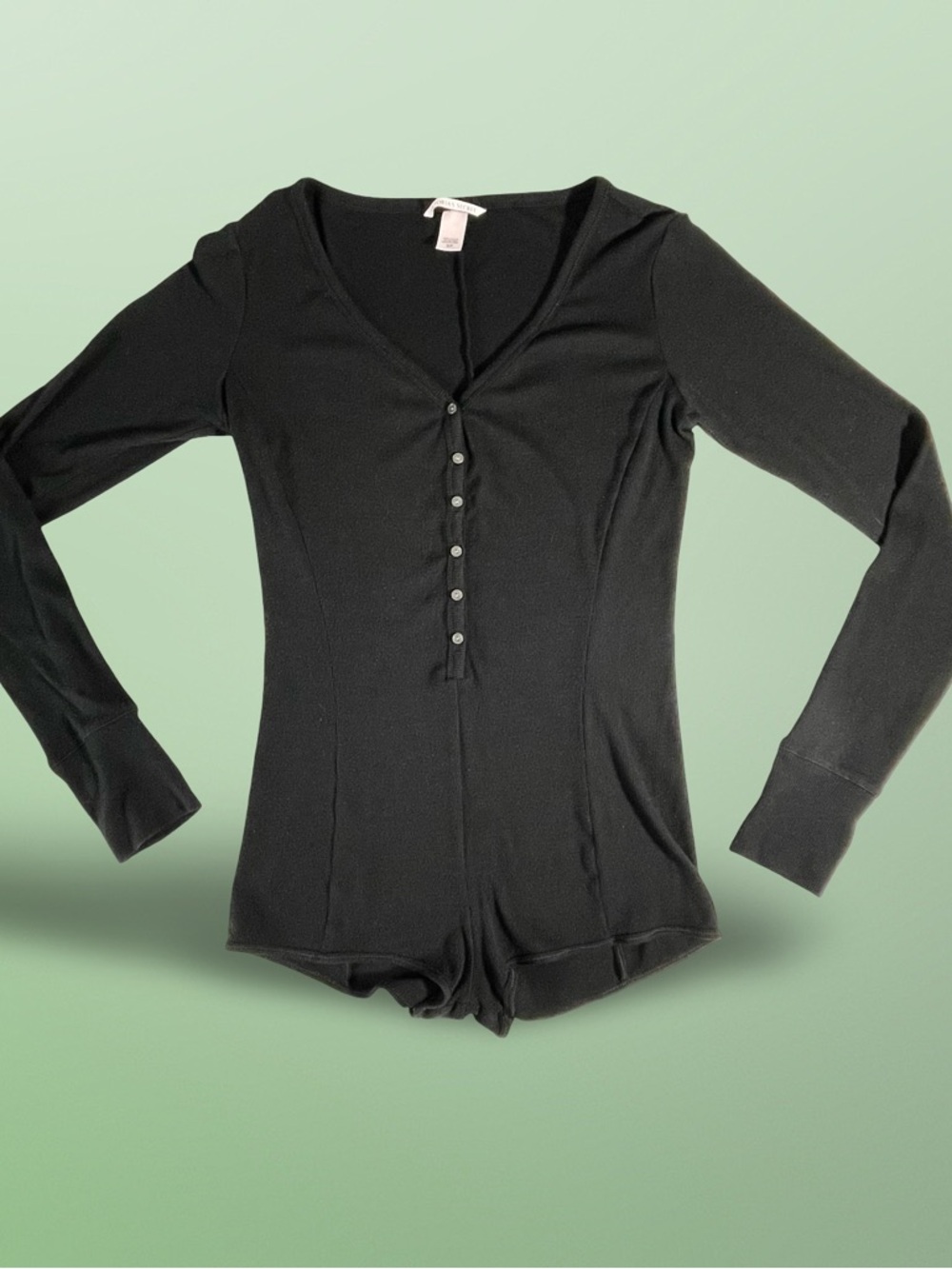 Victorias Secret Black Ribbed Thumbhole Long Sleeve Henley Bodysuit Romper SzS